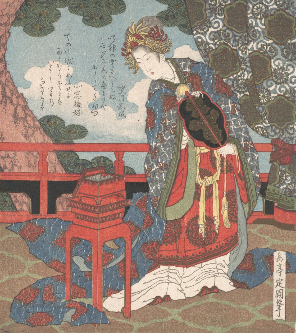 Dama con Abanico de Pie en la Veranda, siglo XIX de Gakutei