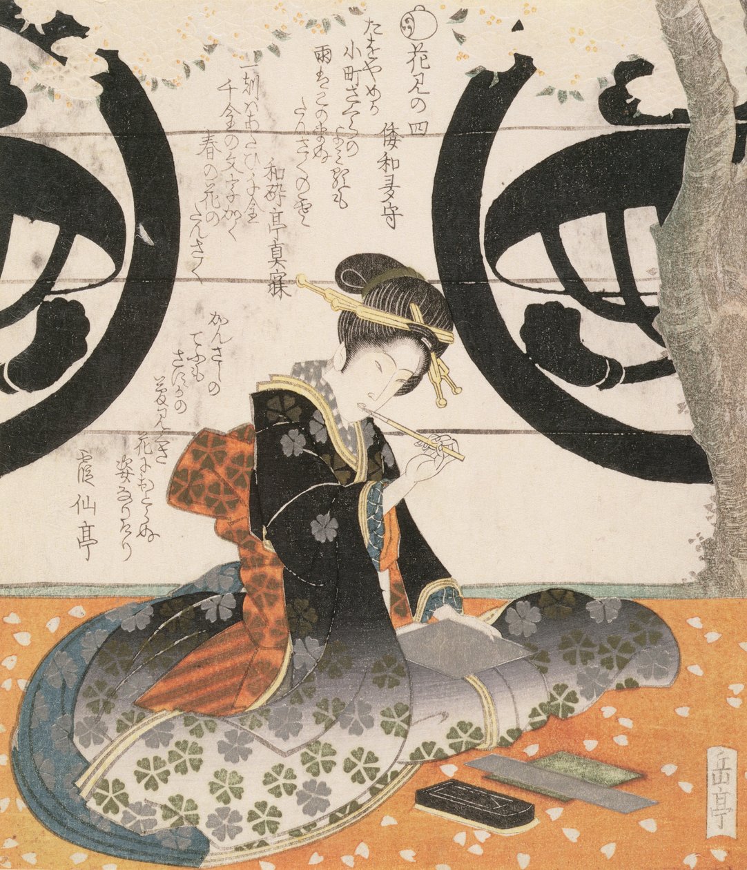 Belleza viendo flores de Gakutei Harunobu