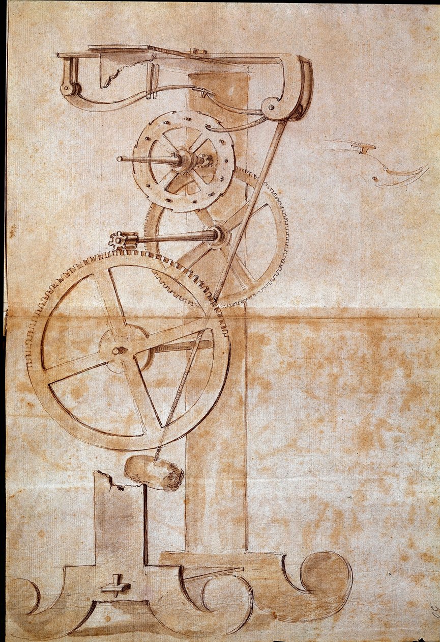 Reloj de péndulo de pesaje estudiado por el astrónomo y físico italiano Galileo Galilei (1564-1642) en 1638 para medir el tiempo. Dibujo. Florencia, Biblioteca Nacional de Galileo Galilei