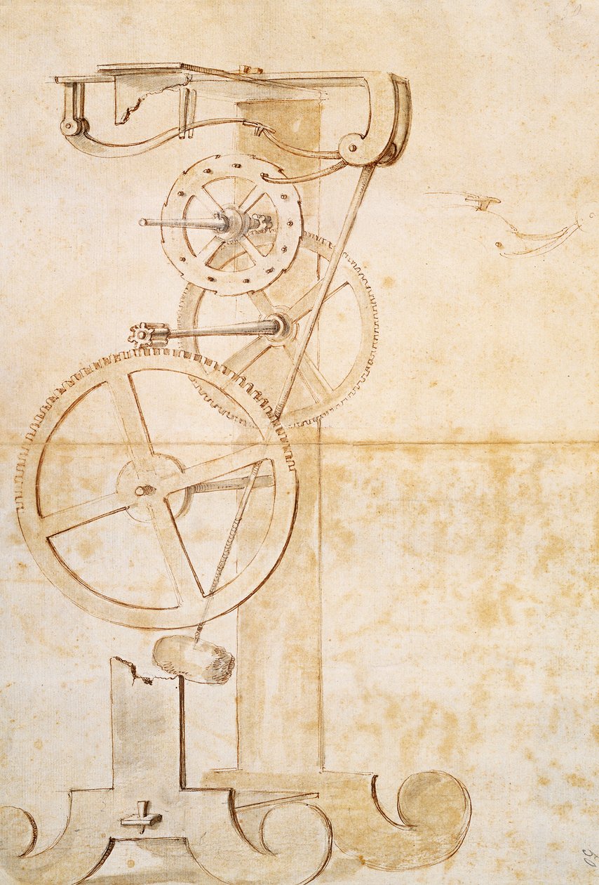 Dibujo del reloj de péndulo de Galileo, manuscrito por Galileo Galilei (1564-1642), 85 gal, f 50 r. de Galileo Galilei