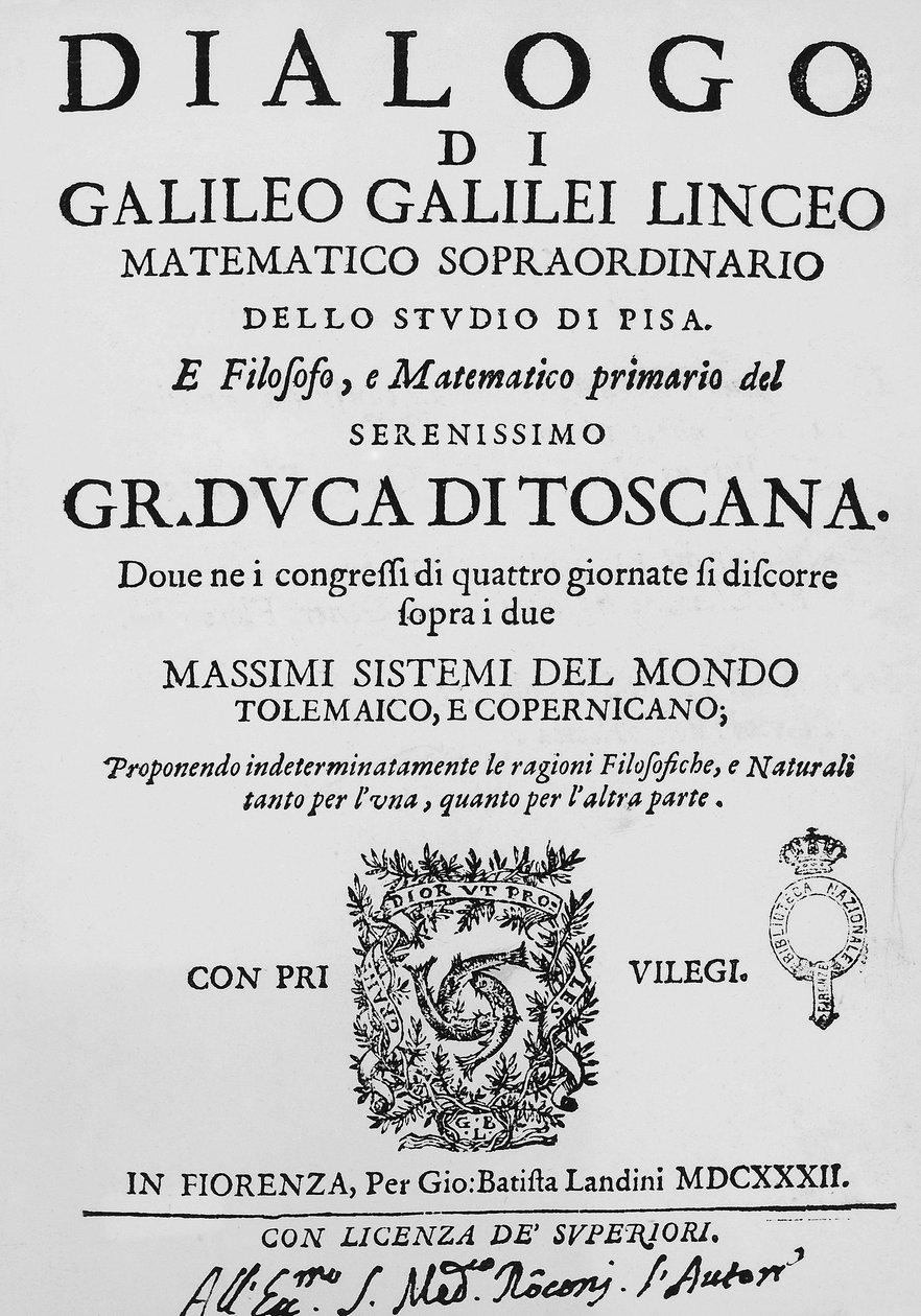 Página de título de Diálogo sobre los dos principales sistemas del mundo, Ptolemaico y Copernicano, por Galileo Galilei (1564-1642), publicado en Florencia en 1632 por Gian Battista Landini de Galileo Galilei