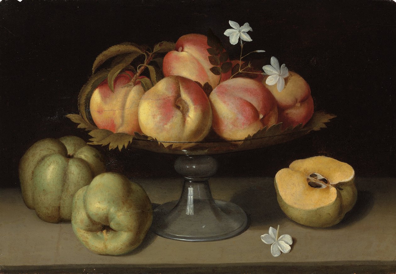 Duraznos en un cuenco de vidrio, manzanas y flores de jazmín de Galizia Fede
