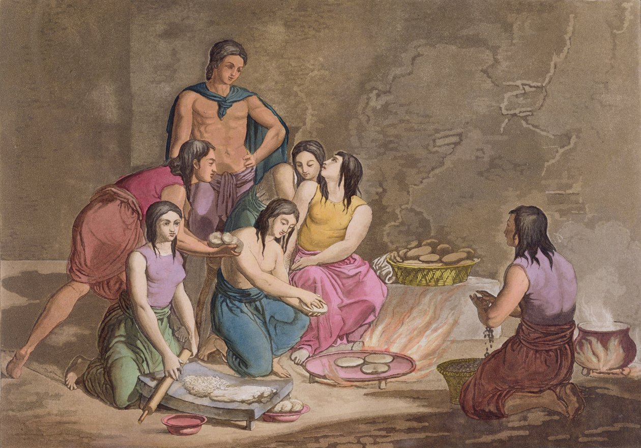Mujeres aztecas haciendo pan de maíz, México, de 