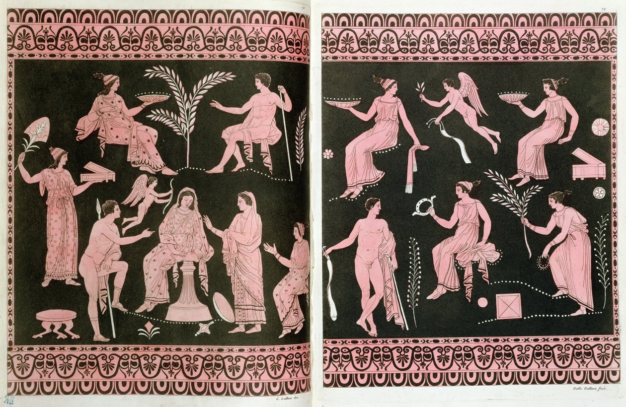 Escena de iniciación en los misterios de Eleusis, después de los vasos antiguos griegos, de 