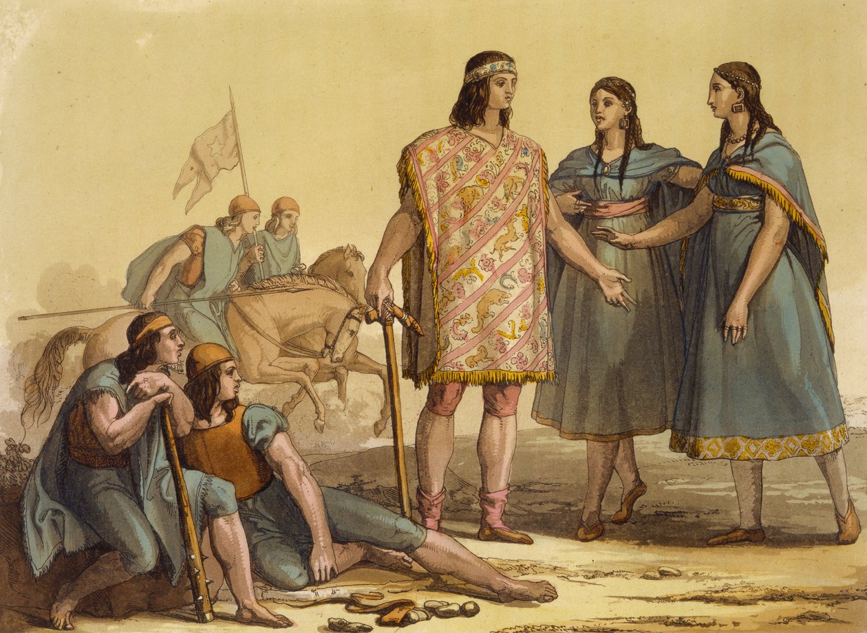 Nativos de la tribu Araucani, Argentina, de Le Costume Ancien et Moderne, Volumen II, lámina 37, por Jules Ferrario, publicado c.1820s-30s de Gallo Gallina