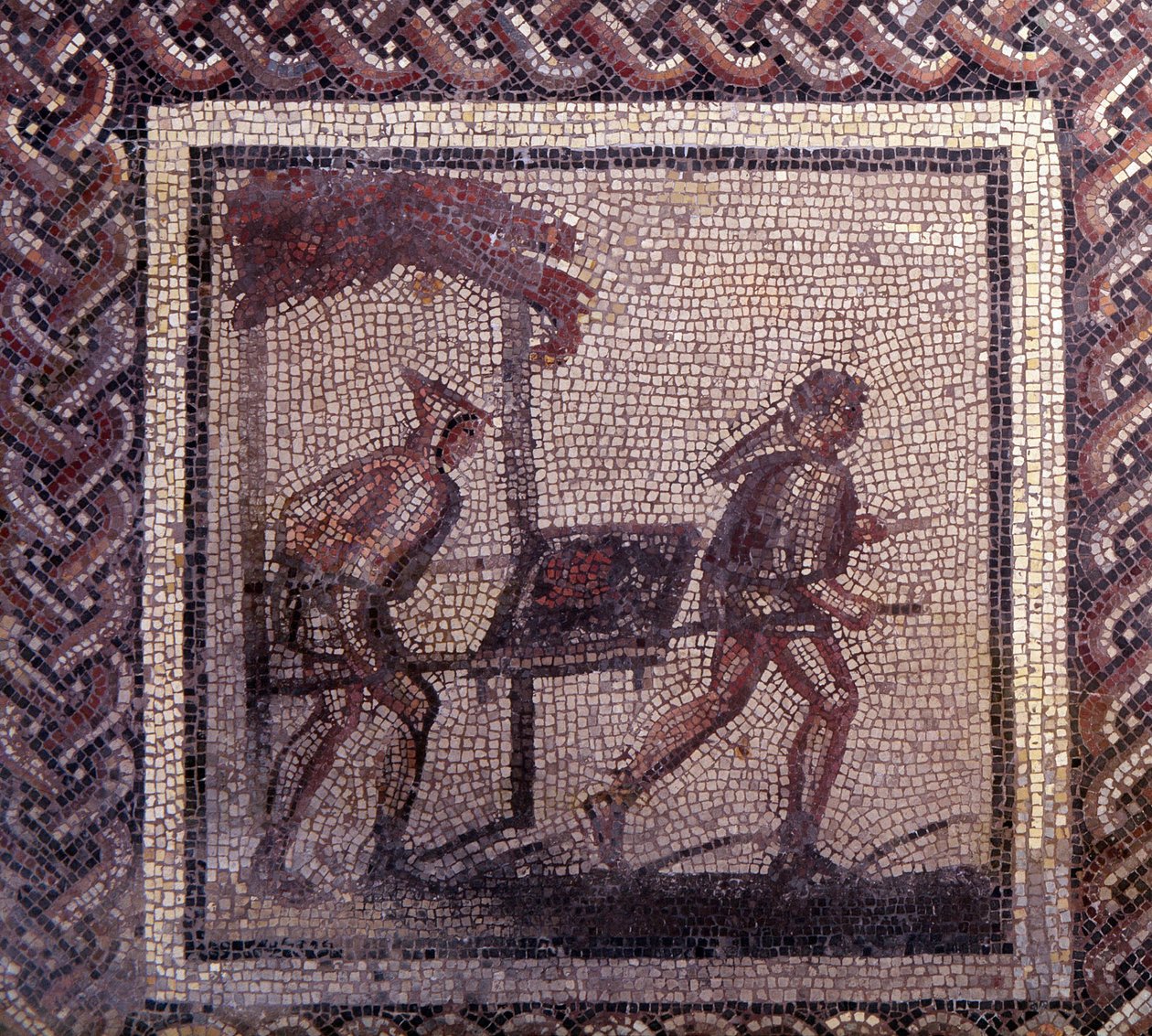 Arte Galo-Romano: pavimento de mosaico que representa un calendario rústico. Escena de transporte de estiércol. Finales del siglo II, principios del siglo III d.C. De Saint-Romain-en-Gal (Rhone). Saint Germain en Laye, Museo Nacional de Arqueología de Gallo Roman