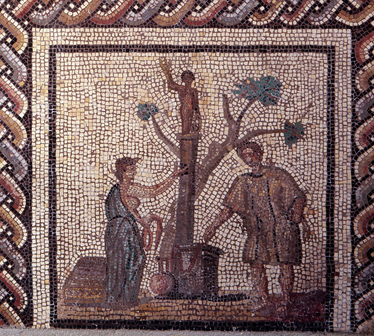 Arte Galo-Romano: pavimento de mosaico que representa un calendario rústico. Escena de sacrificio en Ceres y Apolo. Finales del siglo II, principios del siglo III d.C. De Saint-Romain-en-Gal (Rhone). Saint Germain en Laye, Museo Nacional de Arqueología de Gallo Roman