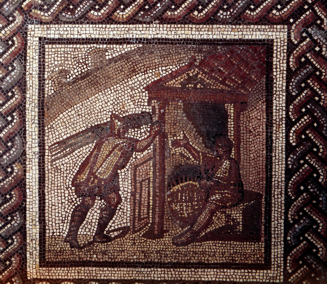 Arte Galo-Romano: pavimento de mosaico representando un calendario rústico. Trabajo de mimbre y trenzado de cestas de Gallo Roman
