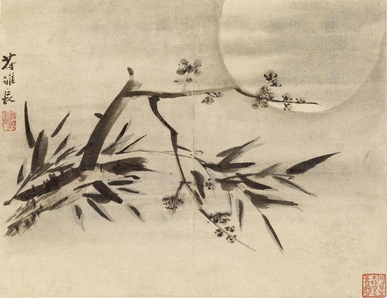 Bambú, flores de ciruelo y luna de Gao Qipei
