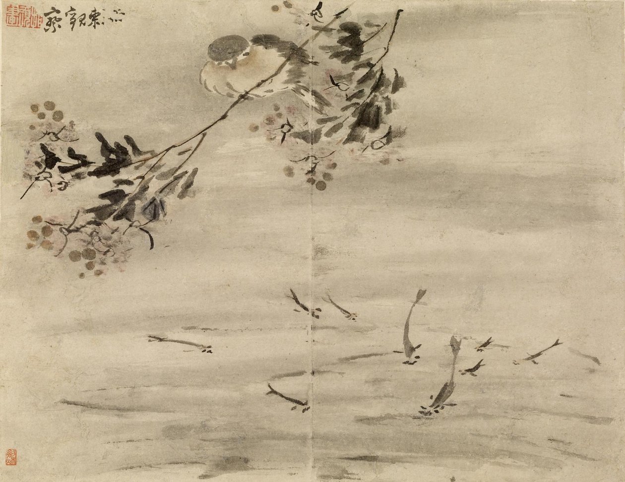 Pájaro observando un pez de Gao Qipei
