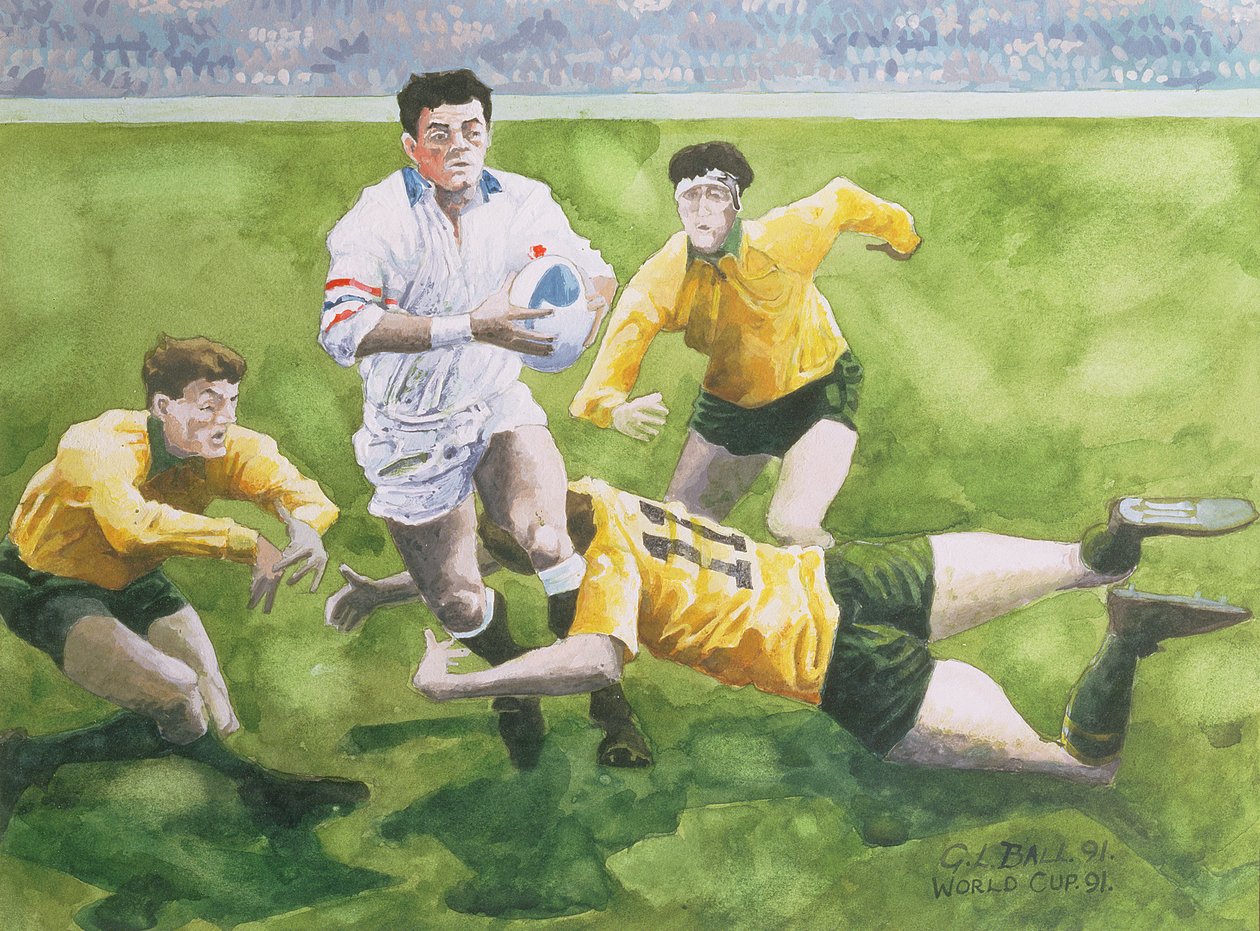 Partido de rugby: Inglaterra contra Australia en la final de la Copa del Mundo, 1991, Will Carling siendo placado de Gareth Lloyd Ball
