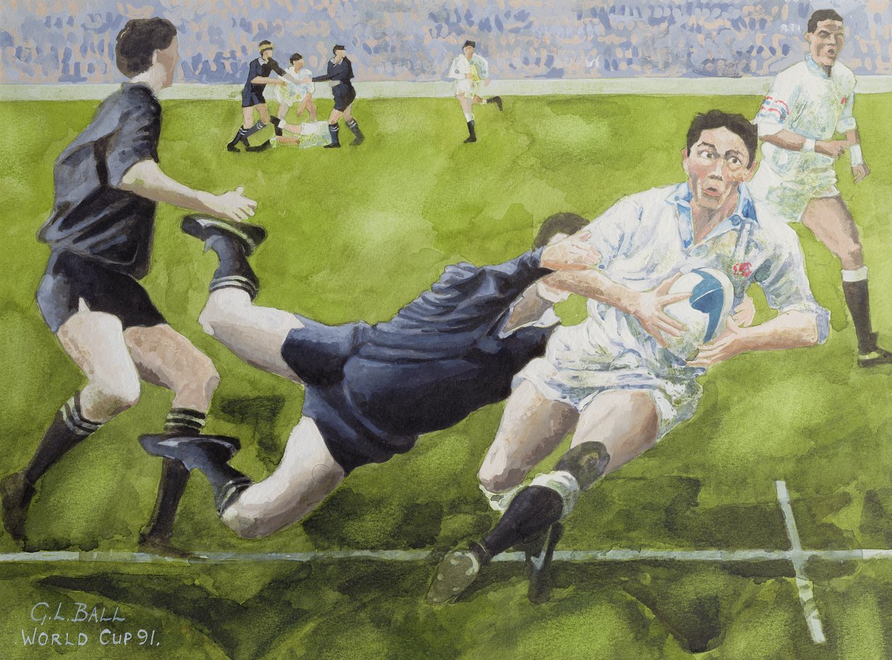 Partido de rugby: Inglaterra contra Nueva Zelanda en la Copa del Mundo, 1991, Rory Underwood siendo placado de Gareth Lloyd Ball
