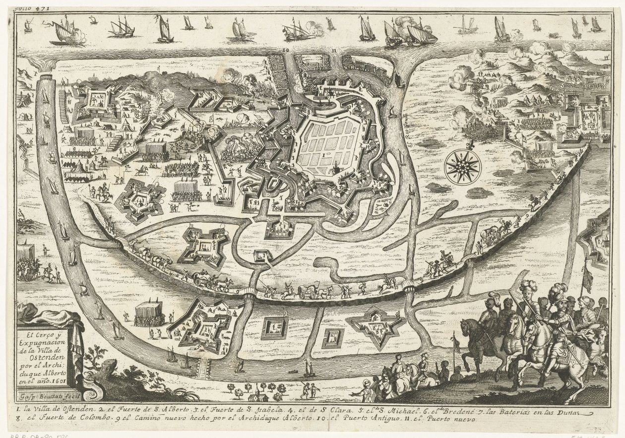 Beleg van Oostende, 1601 El Cerco y Expugnacion de la Villa de Ostenden por el Archiduque Alberto en el ano 1601 (title on object) de Gaspar Bouttats
