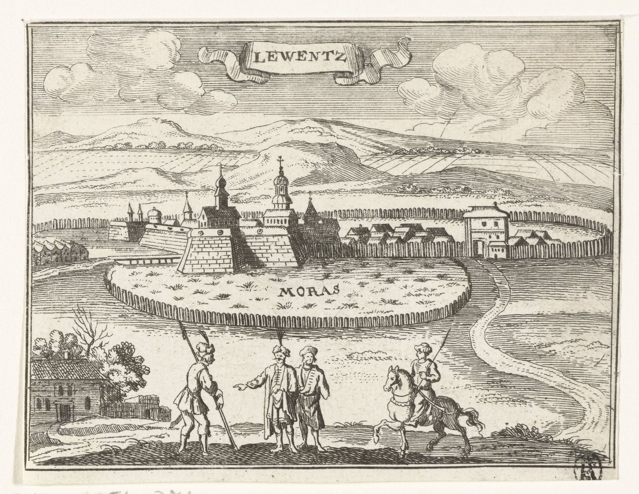 Vista de Levice Imágenes topográficas de Austria, Hungría y los Balcanes (título de serie) Breve descripción, y aen-wysinghe der plaetsen in desen boeck, con sus palabras teghen, de pie, pertinentemente uyt-ghebeldt, en Oostenryck (serie de Gaspar Bouttats