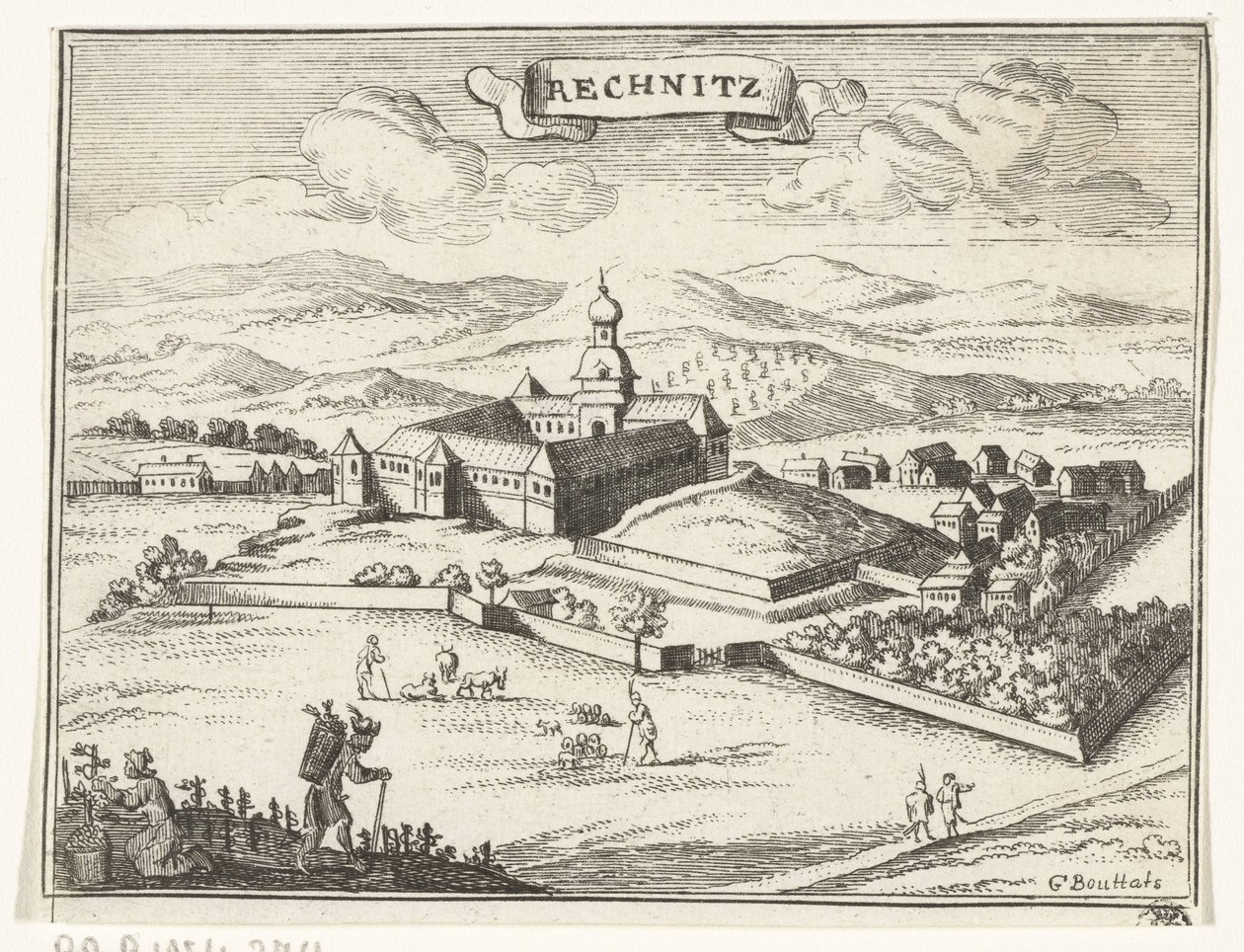 Vista de Rechnitz Imágenes topográficas de Austria, Hungría y los Balcanes (título de serie) Breve descripción, y el aen-wysinghe der placesen in desen boeck, con sus palabras teghen, de pie, pertinentemente uyt-ghebeldt, en Oostenryck (ser de Gaspar Bouttats