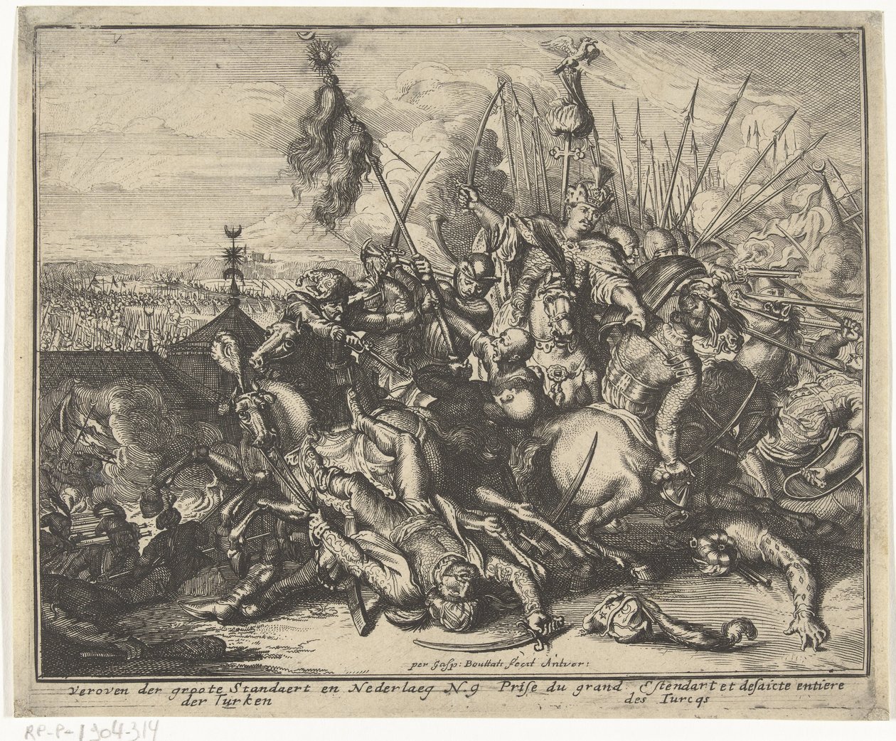 Derrota del ejército otomano durante el asedio de Viena Breve descripción, y aen-wysinghe der plaetsen in desen boeck, con sus palabras teghen, de pie, pertinentemente uyt-ghebeldt, en Oostenryck (título de la serie) de Gaspar Bouttats