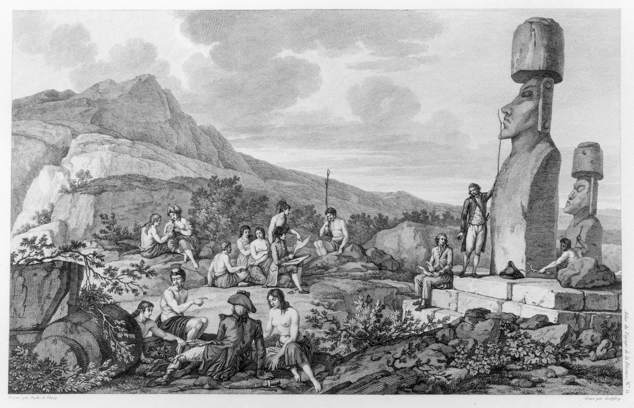 Isleños y Monumentos de la Isla de Pascua, lámina 11 del Atlas de Viaje de La Perouse, 1785-88 de Gaspard Duche de Vancy