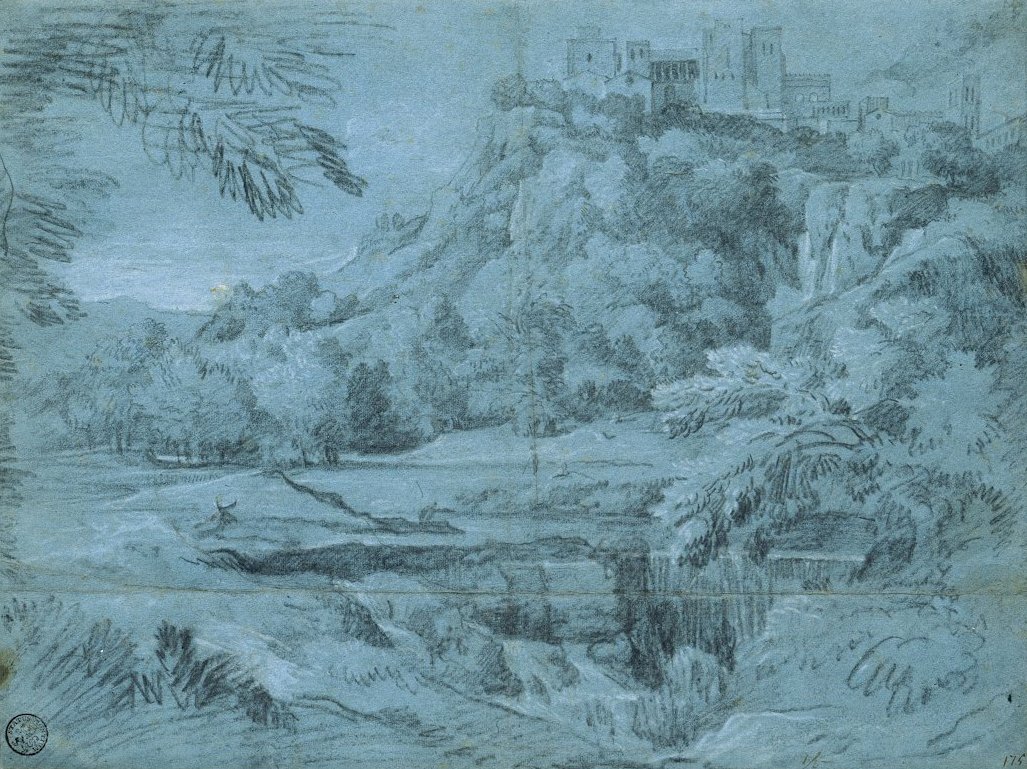 Paisaje con pueblo montañoso y cascada de Gaspard Poussin Dughet
