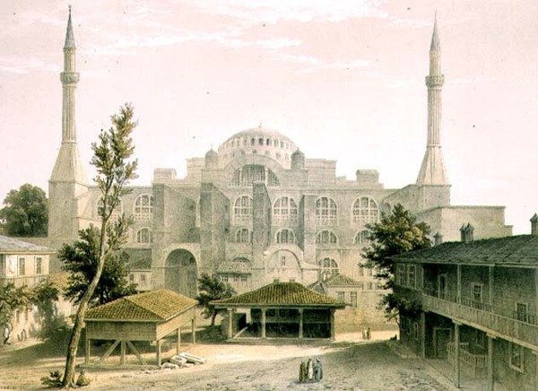 Hagia Sophia, lámina 16: fachada principal, grabado por Louis Haghe publicado en 1852 de Gaspard (after) Fossati