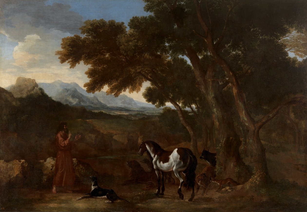 Dughet - Paisaje con un ermitaño predicando a los animales, 1637 - 1638 de Gaspard Dughet