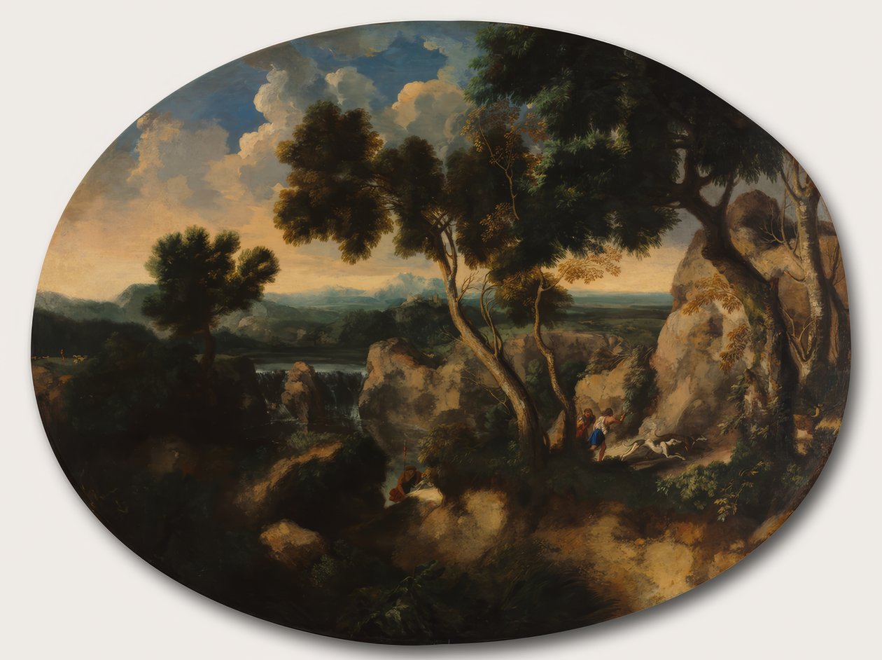 Paisaje rocoso con cazadores de Gaspard Dughet