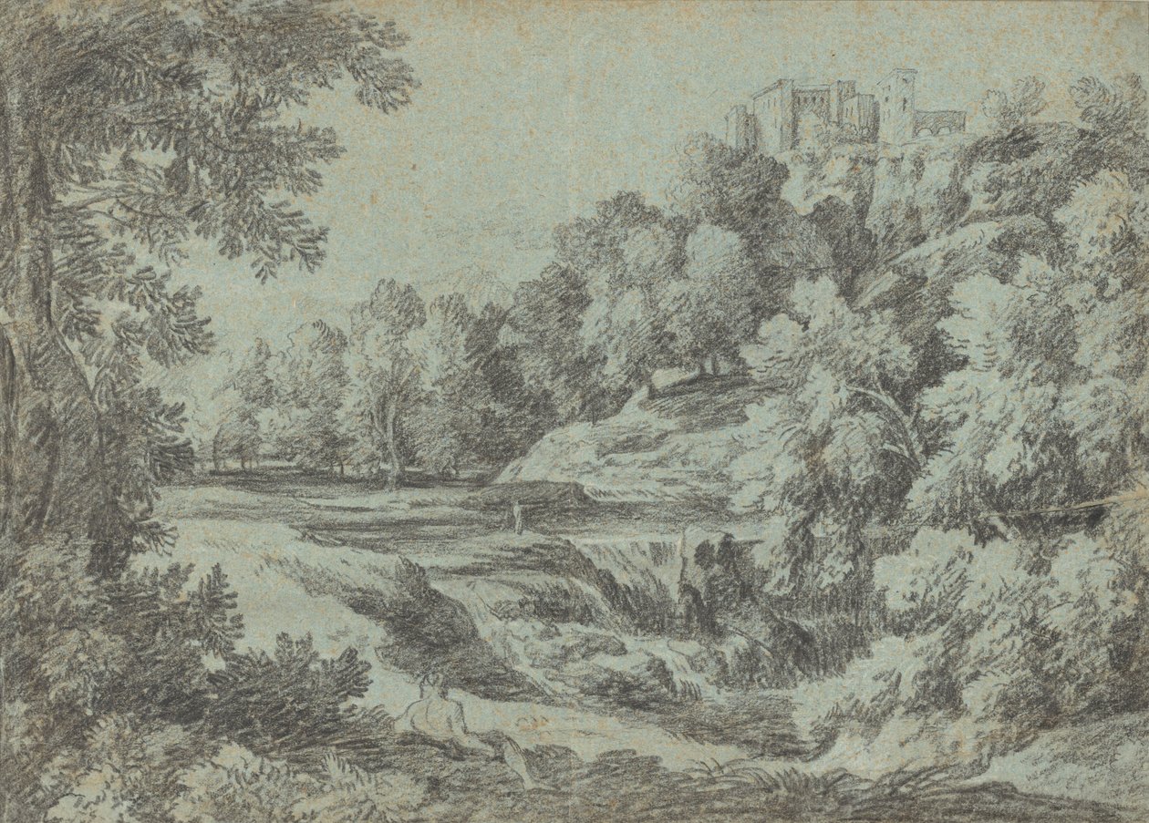 Paisaje Italiano con Fortificaciones y una Cascada de Gaspard Dughet