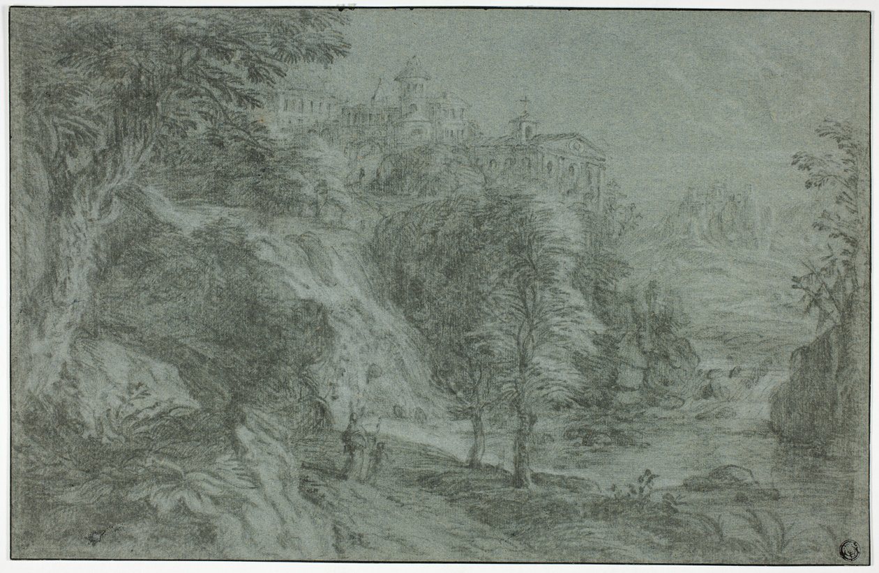 Paisaje italianizante con iglesia en un acantilado de Gaspard Dughet