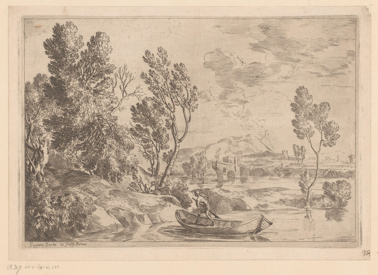 Paisaje de río con hombre en balandra de Gaspard Dughet