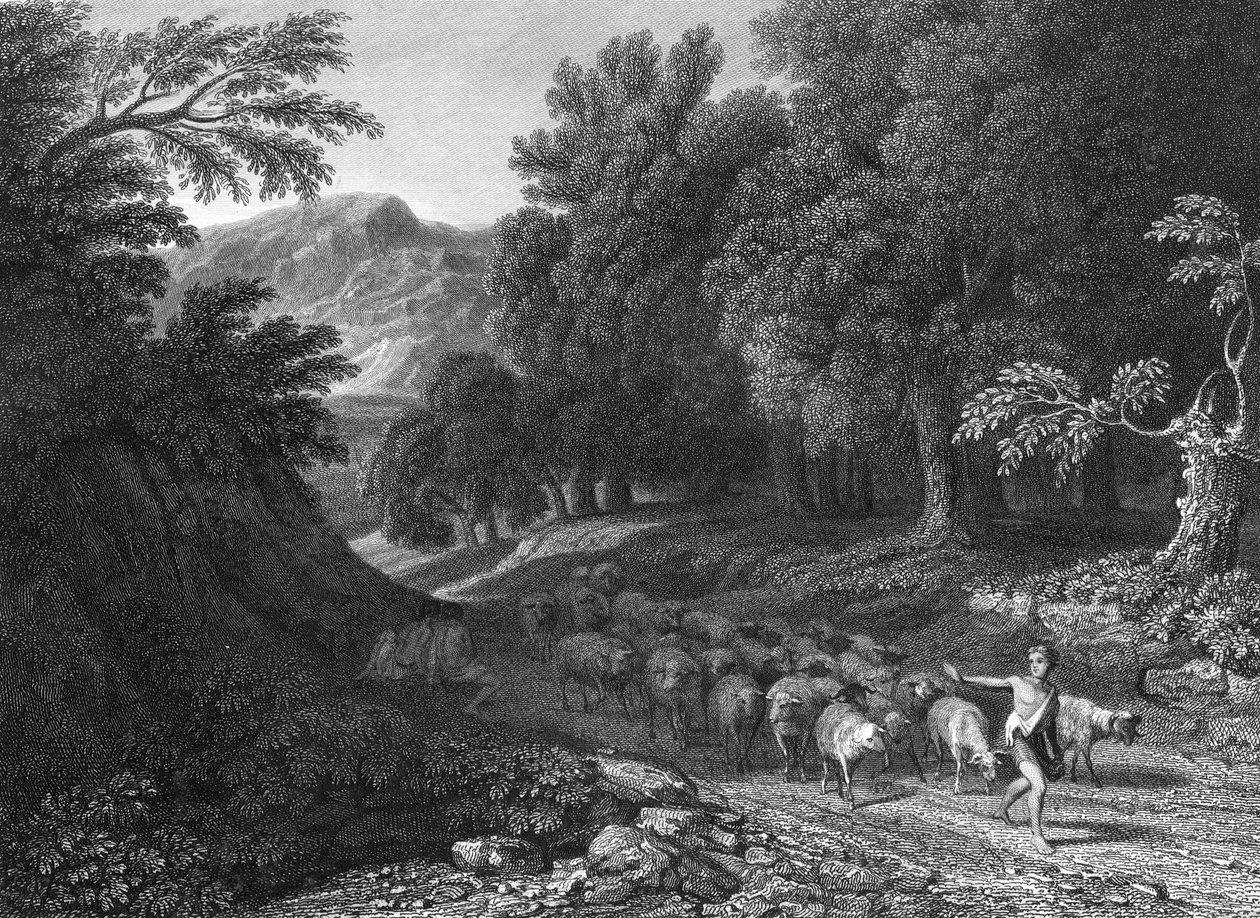 Paisaje con pastor y rebaño (grabado) de Gaspard Poussin (after) Dughet