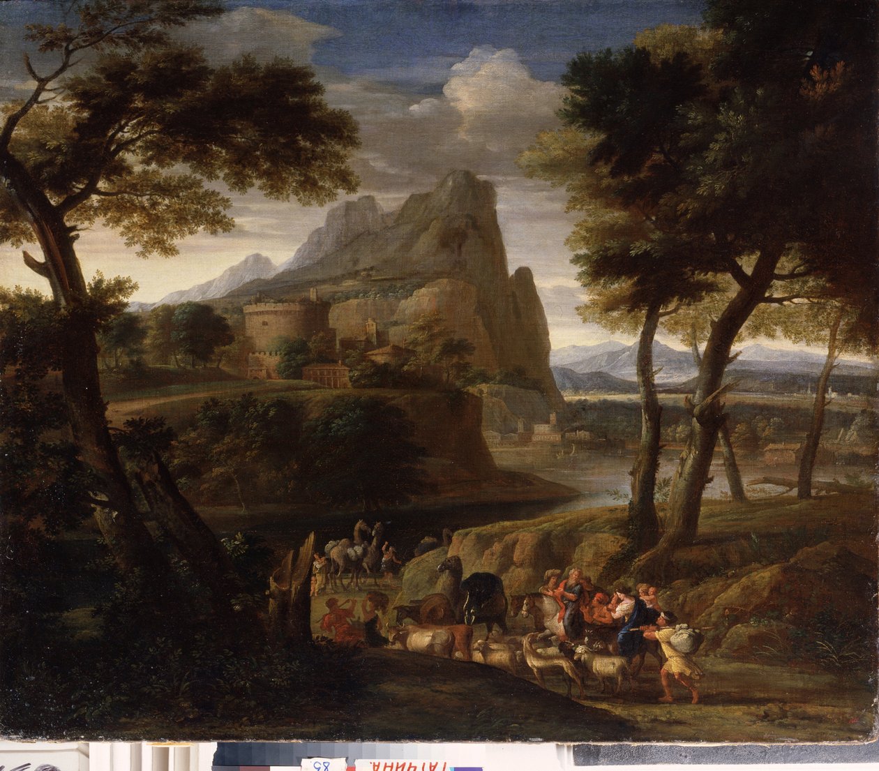 ""Paisaje con grupo de viajeros"" (Paisaje con caravana) Pintura de Gaspard Dughet (1615-1675) Museo estatal al aire libre del siglo XVII Palacio Gatchina, San Petersburgo de Gaspard Poussin Dughet