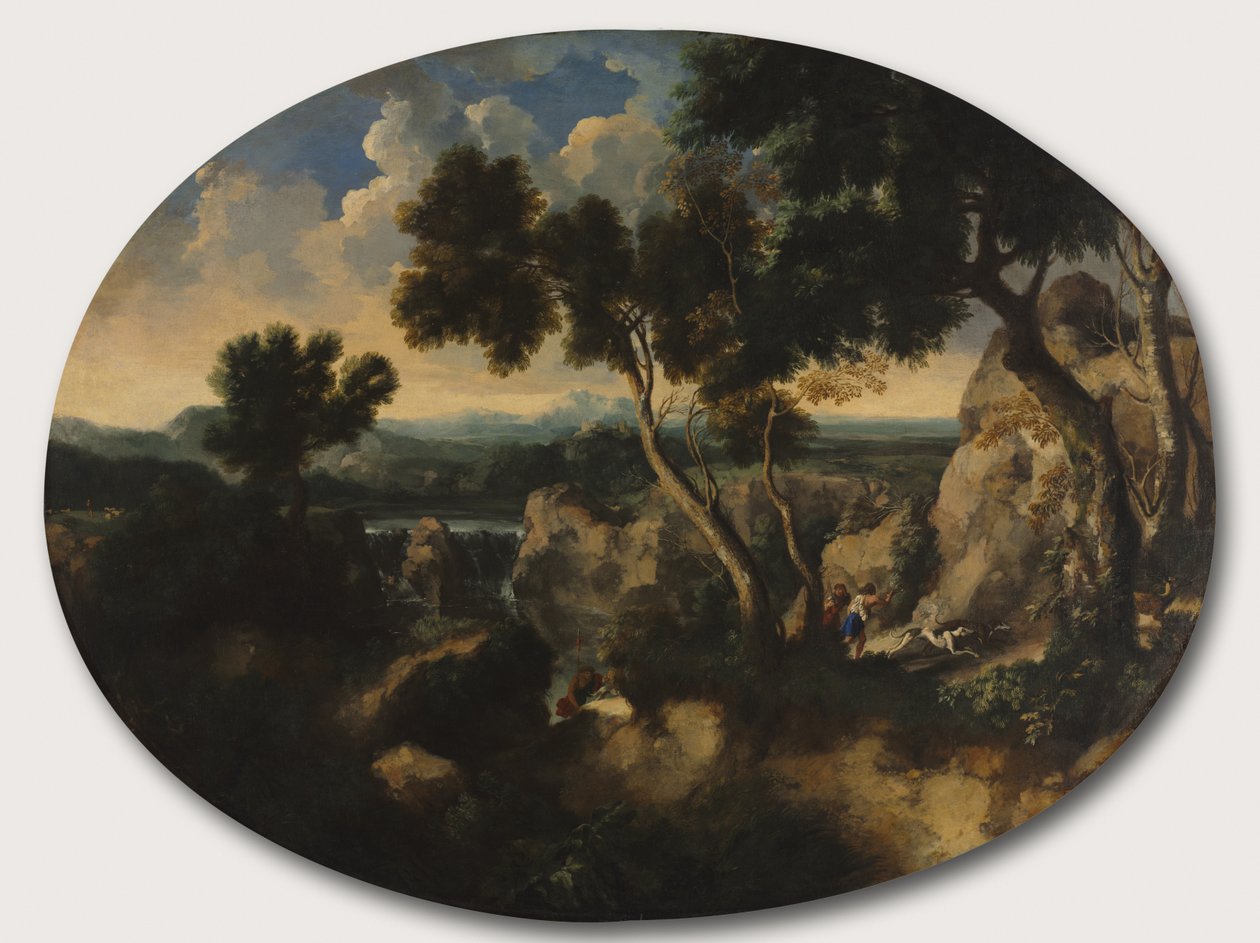 Paisaje rocoso con cazadores, c.1635 de Gaspard Poussin Dughet