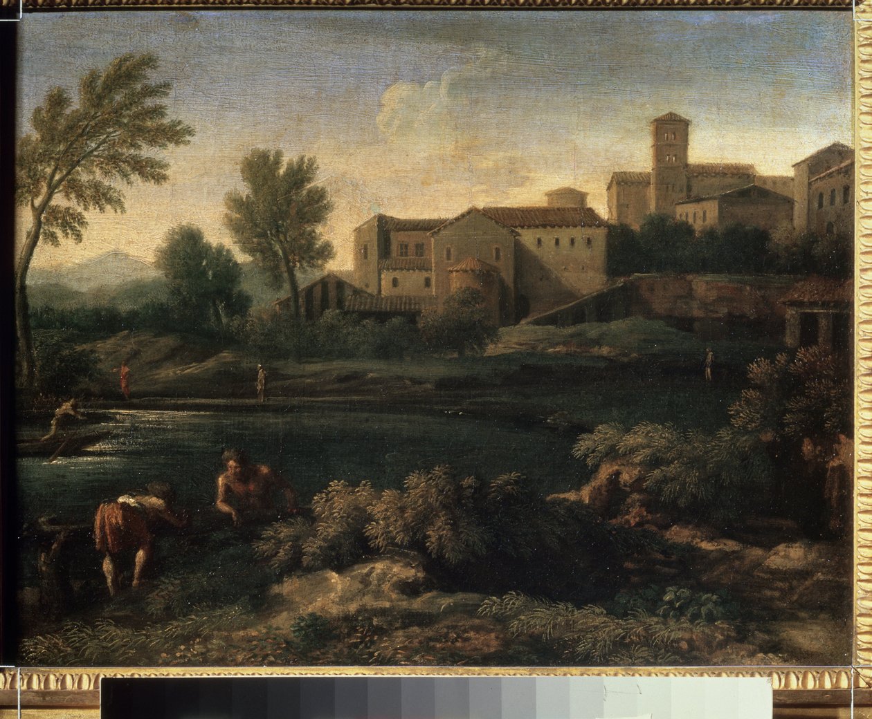 ""Vista de una ciudad en la región de Lazio cerca de Roma"" (Una pequeña ciudad en Latium) Pintura de Gaspard Dughet (1615-1675) Circa 1660 Museo Pushkin, Moscú de Gaspard Poussin Dughet