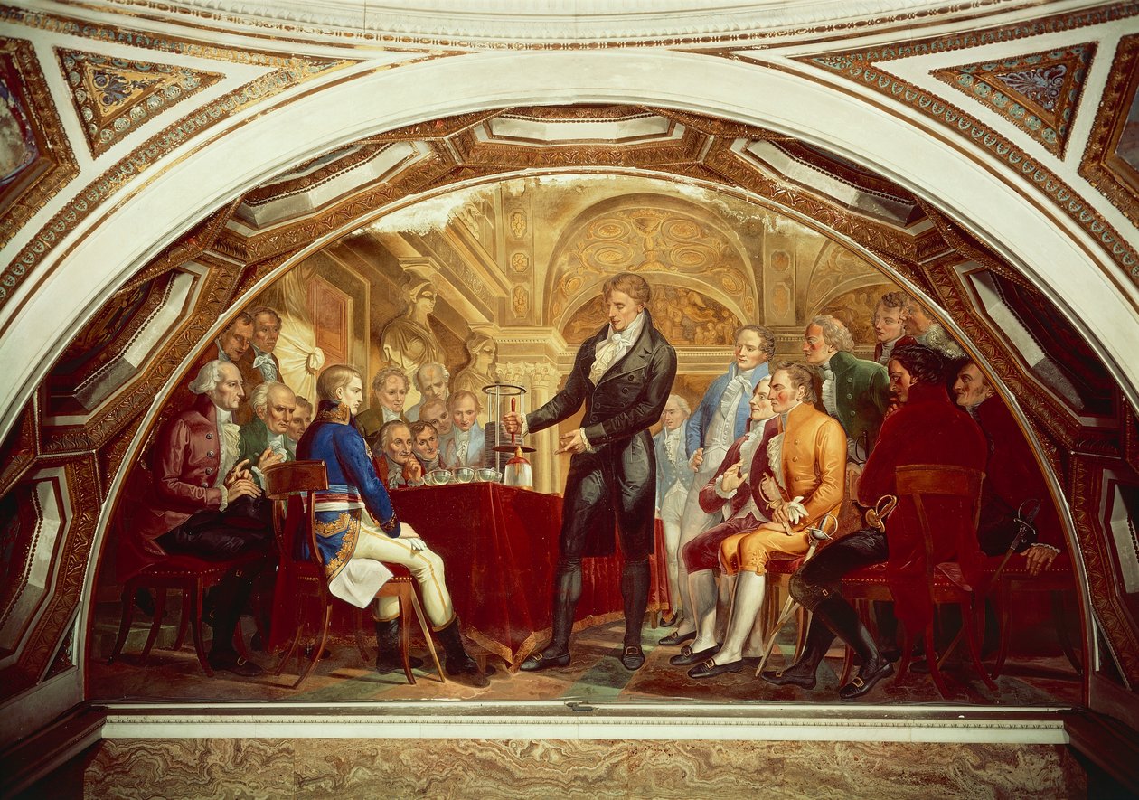 Alessandro Volta (1745-1827) mostrando su pila recién inventada a Napoleón (1769-1821) en el Instituto de Francia en París, el 7 de noviembre de Gaspero Martellini