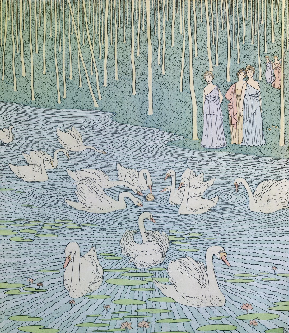 Nausícaa y sus compañeras jugando con una pelota, ilustración del Libro 6 de la Odisea, traducido por Lecomte de l