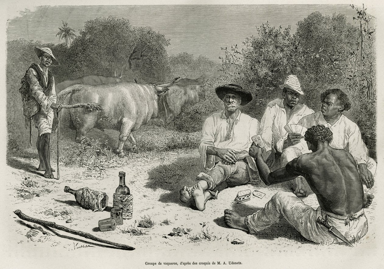 Un grupo de vaqueros jugando a las cartas y bebiendo alcohol, cerca de sus rebaños de bueyes, grabado según un dibujo de G.Vuillier, para ilustrar la historia De Cayena a los Andes, por Jules Crevaux, médico de la marina francesa, en 1878-1879, publicado e de Gaston Vuillier