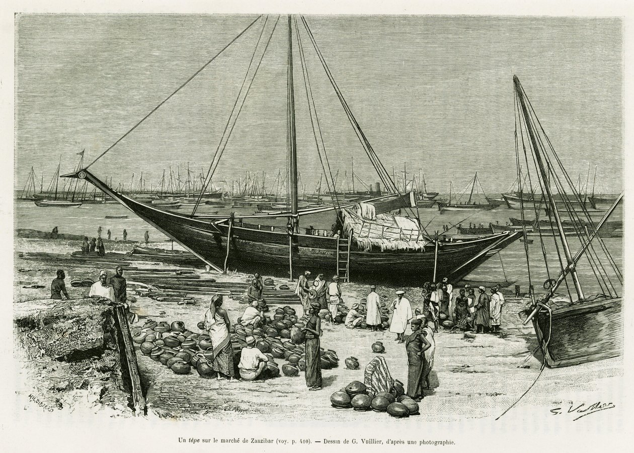 Un tepe en el mercado de Zanzíbar (Tanzania). Grabado de G.Vuillier, para ilustrar la historia Viaje entre los Benadirs, Somalíes y Bayouns, en 1882 y 1883, de G.Revoil, en Le Tour du Monde 1888, dirigido por Edouard Charton (1807-1890), Hachette, París. de Gaston Vuillier