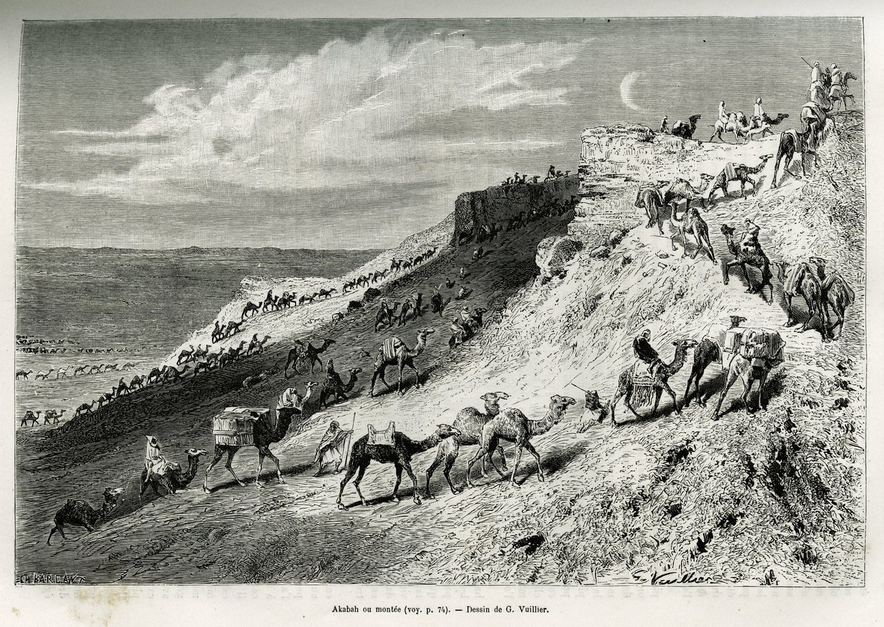 Akabah o alineación de camellos de la caravana. Ilustración de la historia “peregrinación al Nedjed, cuna de la raza árabe”, por Lady Anna Blunt, en 1878-1879, publicado en Le tour du monde de Gaston Vuillier