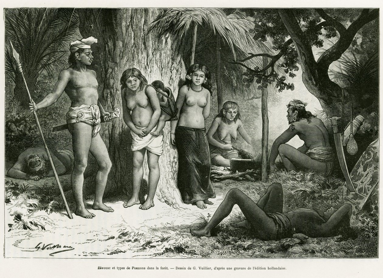 Bivouac y tipos de Lung en el bosque. Grabado por G. Vuillier, para ilustrar la historia De Koutei a Bandjirmasin, viaje por Borneo, por Carl Bock, en le tour du monde 1890, dirigido por Edouard Charton (1807-1890), Hachette, París. de Gaston Vuillier