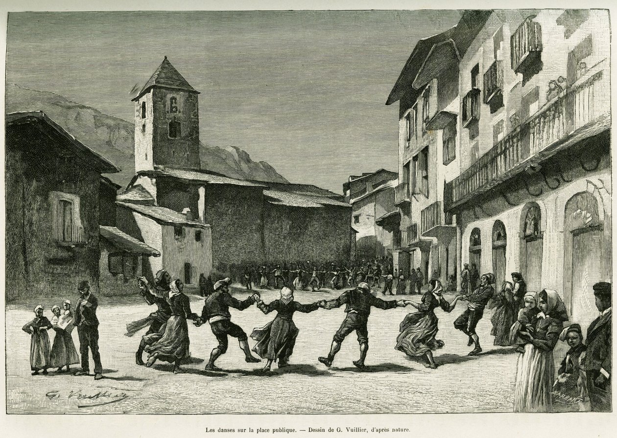 Bailes en la plaza pública. Grabado de G.Vuillier, para ilustrar la historia El valle de Andorra, de Gaston Vuillier, en Le Tour du Monde 1888, dirigido por Edouard Charton (1807-1890), Hachette, París. de Gaston Vuillier