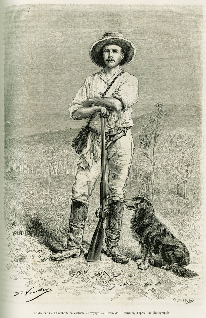 Retrato del viajero autor Carl Lumholtz. Grabado por G. Vuillier, para ilustrar la historia Chez les cannibales, viaje en el noreste de Australia de Gaston Vuillier