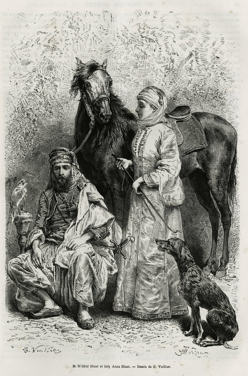 Retratos del Sr.Wilfrid Blunt (1840-1922), poeta y escritor, y su esposa, Lady Anna Blunt (de soltera King Noel (King Noel) 1837-1917), la primera mujer europea en explorar el Medio Oriente, vistiendo un traje de viaje, frente a uno de los caballos árabes  de Gaston Vuillier
