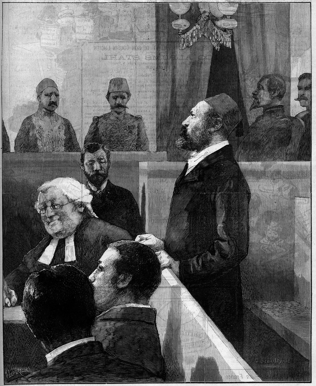 Proceso del egipcio Arabi Pasha (Orabi Pasha, Ahmed Urabi) (1841-1911), organizador del motín antieuropeo de Alejandría en junio de 1882. Grabado por Vuillier en "Le Monde Illustré" n°1343 del 13 de diciembre de 1882. de Gaston Vuillier