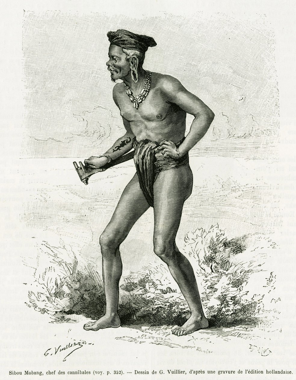 Sibou Mobang, jefe de caníbales. Grabado por G. Vuillier, para ilustrar la historia 