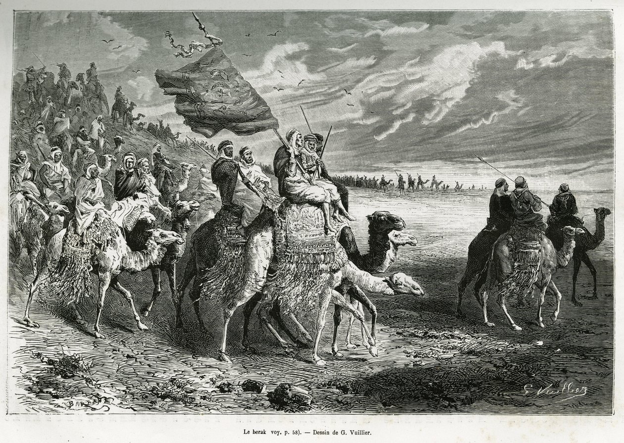 El Berak, la bandera del Emir Ibn Al Rashid (1872-1890) (Arabia Saudita). Grabado por G.Vuillier, para ilustrar la historia “peregrinación al Nedjed, cuna de la raza árabe”, por Lady Anna Blunt, en 1878-1879, publicado en el Tour du monde, bajo la direcció de Gaston Vuillier