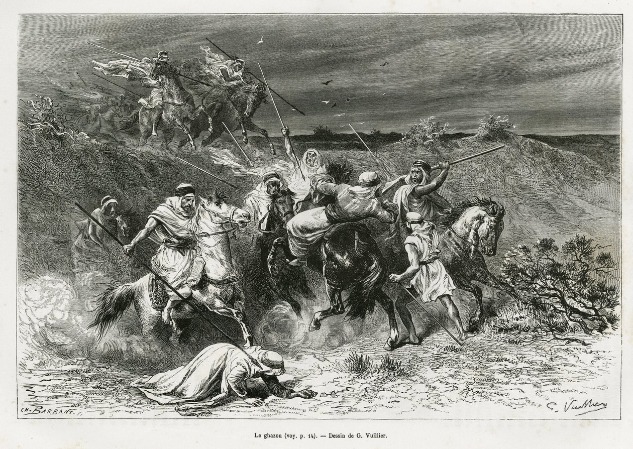 El Ghazou, o razzia, saqueo con una mano. Grabado por G.Vuillier, para ilustrar la historia “peregrinación al Nedjed, cuna de la raza árabe”, por Lady Anna Blunt, en 1878-1879, publicado en el Tour du monde, bajo la dirección de Edouard Charton (1807- de Gaston Vuillier