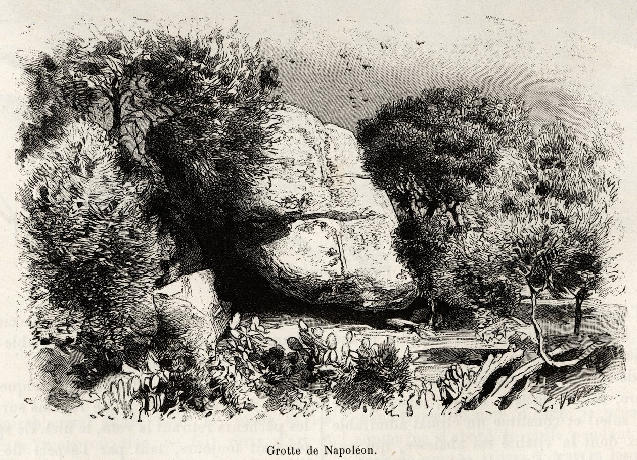 La cueva de Napoleón, donde Napoleón Bonaparte (1769-1821) solía refugiarse de niño para estudiar y meditar. Grabado e historia “Córcega” de Gaston Vuillier (1890) de Gaston Vuillier