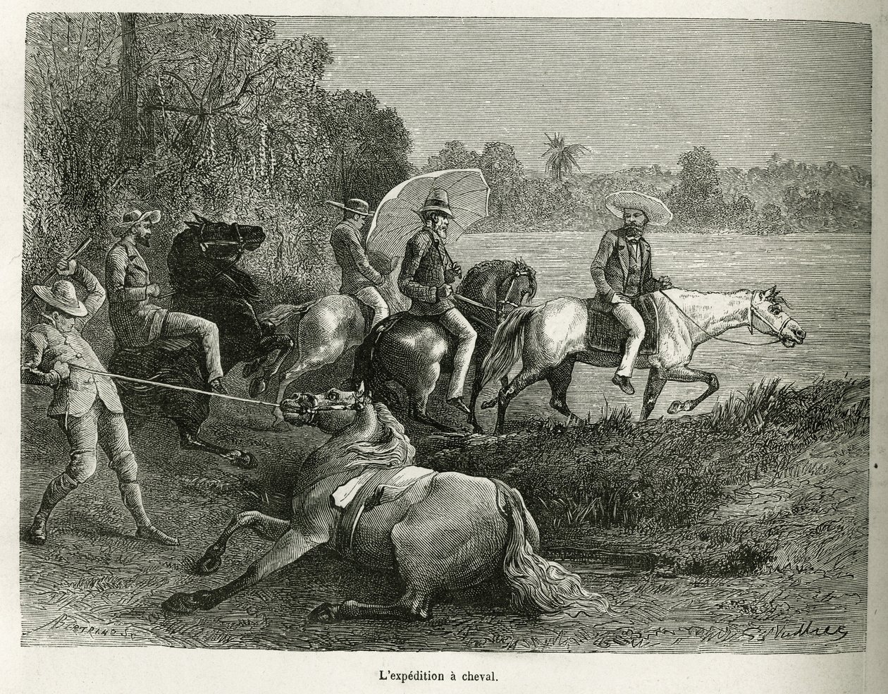 La expedición a caballo para la exploración del valle de Terable, grabado después de un dibujo de G. Vuillier, ilustración de la historia De Cayena a los Andes, por Jules Crevaux, médico de la marina francesa, en 1878-1879, publicado en el tour du monde, b de Gaston Vuillier
