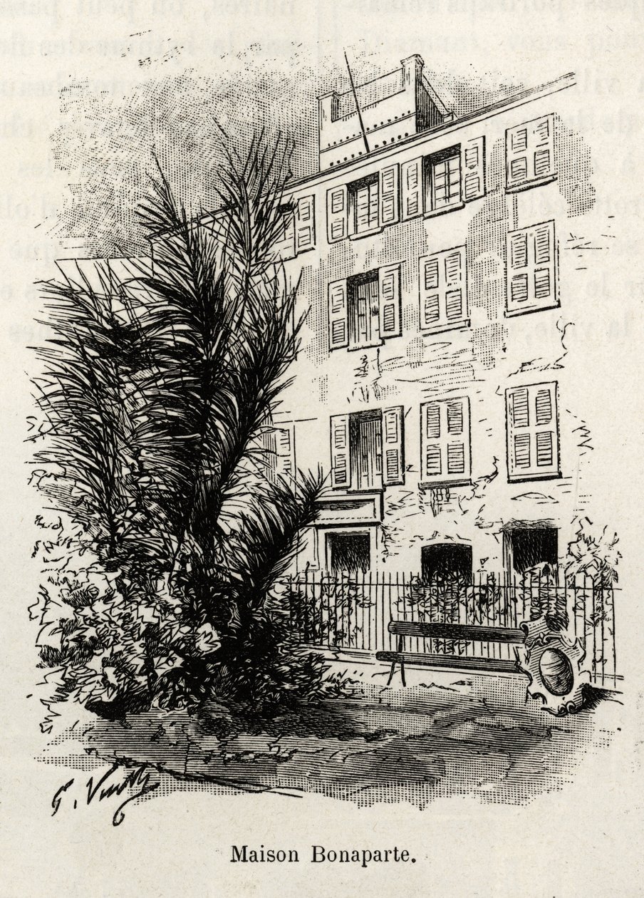 La fachada de la casa Bonaparte, en la que Napoleón Bonaparte (1769-1821) no está. Grabado e historia “Córcega” de Gaston Vuillier (1890) de Gaston Vuillier