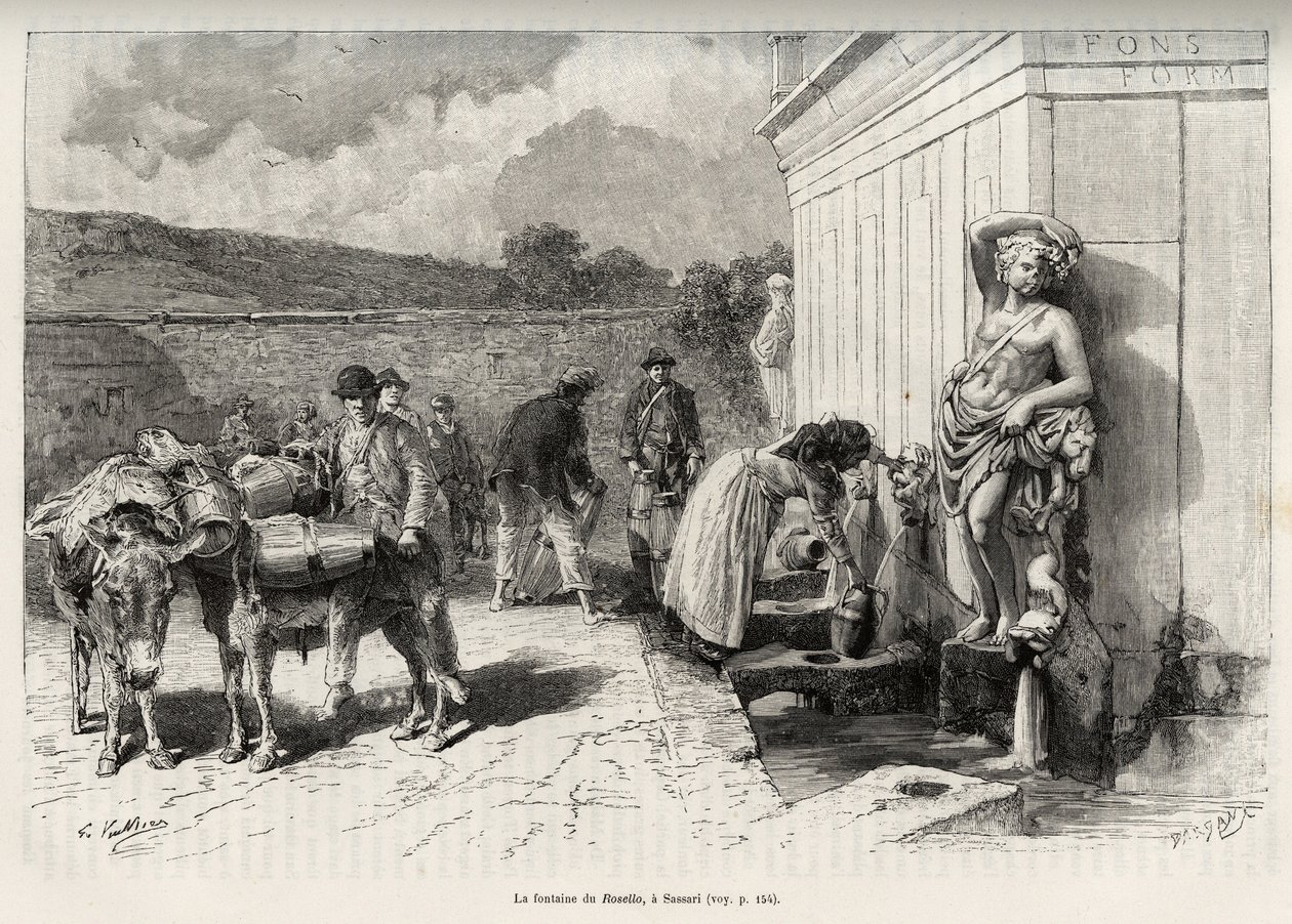 La fuente del Rossello, en Sassari (Italia). Actividades diarias, mujer llenando una criche y aguadores con sus burros, llenando sus barriles. Ilustración de “La Sardaigne” por Gaston Vuillier (1845-1915), en 1890, en Le tour du monde, nouveau journal des  de Gaston Vuillier