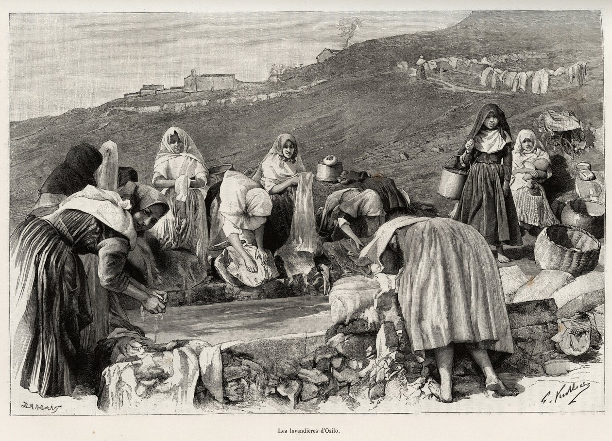 Las lavanderas de Osilo (Italia), mujeres reunidas alrededor del estanque. Grabado y historia “La Cerdeña” por Gaston Vuillier, en 1890, en Le tour du monde, nuevo diario de viajes, bajo la dirección de Edouard Charton de Gaston Vuillier